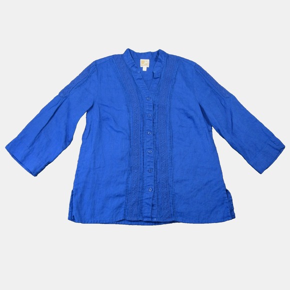 JM Collection Tops - JM Collection Linen Tunic Shirt 12P Royal Blue Button Up V-Neck‎ Luxury Coastal